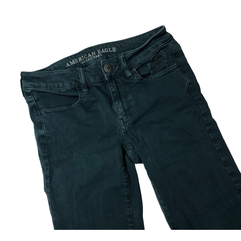 American Eagle Jeans Women's Size 2 Green Denim Super Super Stretch X Distressed